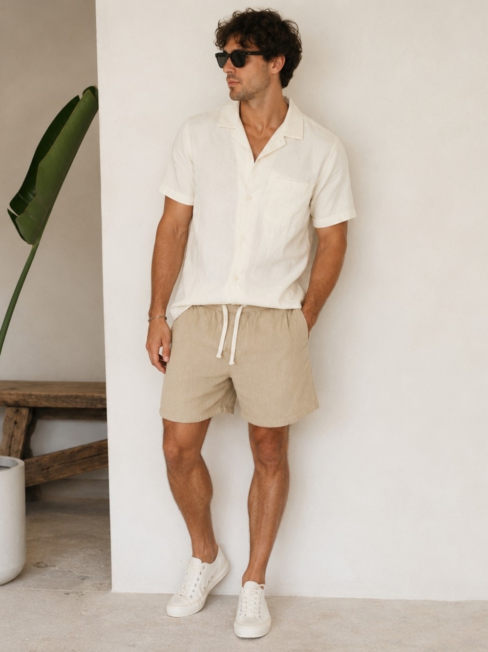 Topman Beige Textured Drawstring Shorts Men's Size 30 Cotton Casual Beach Boho